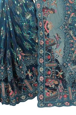 Turquoise Embroidered Net Saree With Blouse 3