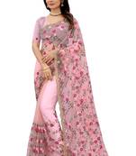 Pink Embroidered Net Saree With Blouse
