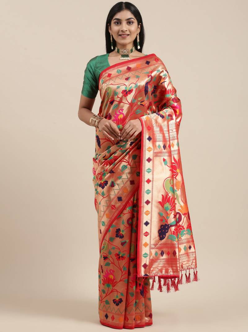 Red Woven Silk Blend Saree With Blouse