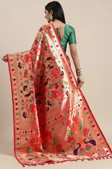 Red Woven Silk Blend Saree With Blouse