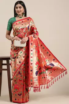 Red Woven Silk Blend Saree With Blouse