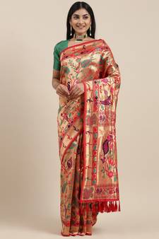 Red Woven Silk Blend Saree With Blouse