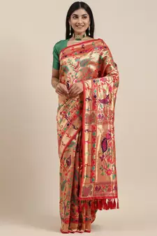 Red Woven Silk Blend Saree With Blouse