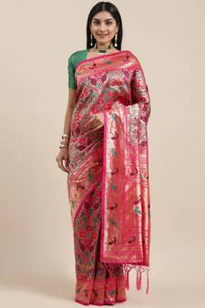 Pink Woven Silk Blend Saree With Blouse