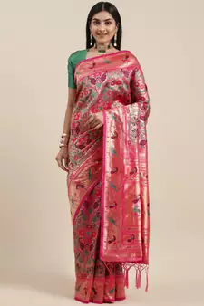 Pink Woven Silk Blend Saree With Blouse