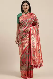 Red Woven Silk Blend Saree With Blouse