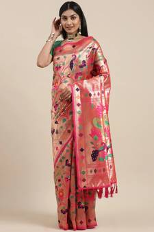 Pink Woven Silk Blend Saree With Blouse