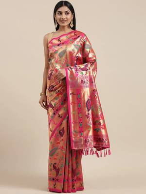Pink woven silk saree with blouse 1