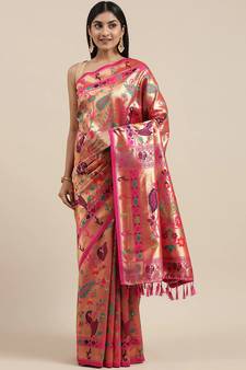 Pink woven silk saree with blouse