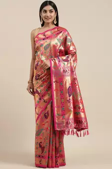 Pink woven silk saree with blouse