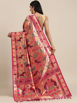 Pink woven silk saree with blouse 2