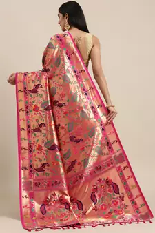 Pink woven silk saree with blouse