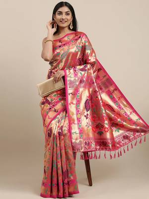 Pink woven silk saree with blouse 3