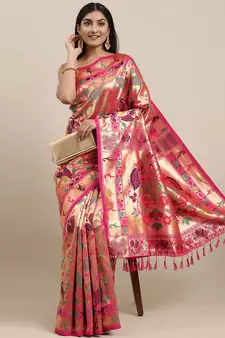 Pink woven silk saree with blouse