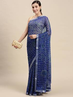 Blue printed chiffon saree with blouse 1