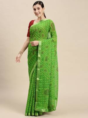 Green printed chiffon saree with blouse 1
