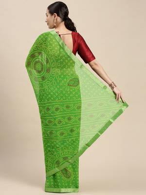 Green printed chiffon saree with blouse 2
