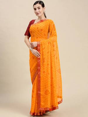 Yellow printed chiffon saree with blouse 1