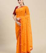 Yellow printed chiffon saree with blouse