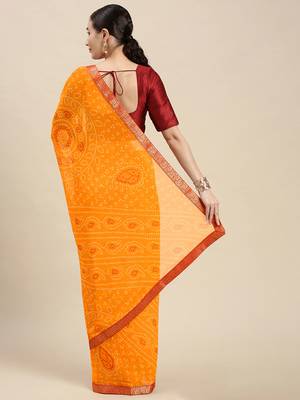 Yellow printed chiffon saree with blouse 2