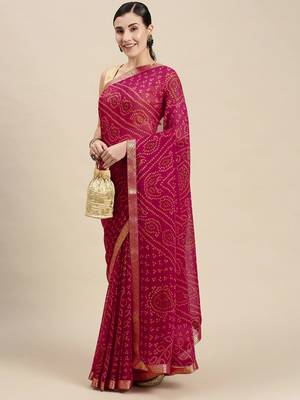 Pink printed chiffon saree with blouse 1