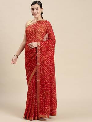 Red printed chiffon saree with blouse 1