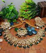 Green Copper Gold Plated Kundan Handmade Necklace Earrings Maangtika Set Jewellery