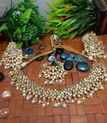 White Copper Gold Plated Kundan Handmade Necklace Earrings Maangtika Set Jewellery