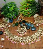 Pink Copper Gold Plated Kundan Handmade Necklace Earrings Maangtika Set Jewellery