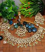 Green Copper Gold Plated Kundan Handmade Necklace Earrings Maangtika Set Jewellery