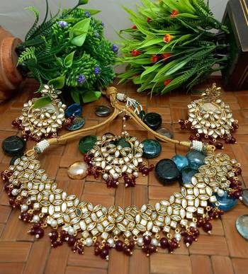 Red Copper Gold Plated Kundan Handmade Necklace Earrings Maangtika Set Jewellery 1