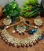 Red Copper Gold Plated Kundan Handmade Necklace Earrings Maangtika Set Jewellery