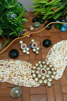Multicolor Brass Gold Plated American Diamond Beaded Choker Necklace Jewellery Set