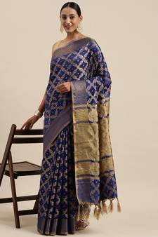 Blue woven cotton saree with blouse