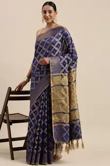 Blue woven cotton saree with blouse