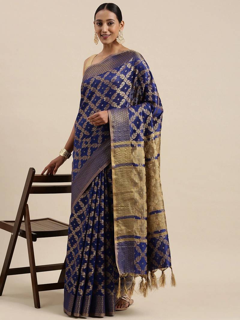 Blue woven cotton saree with blouse