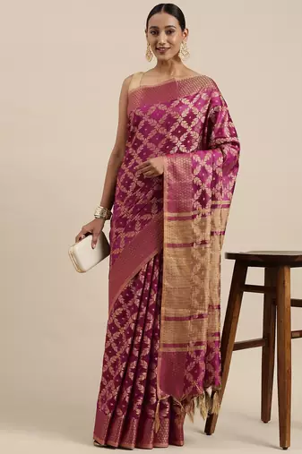 Purple woven cotton saree with blouse