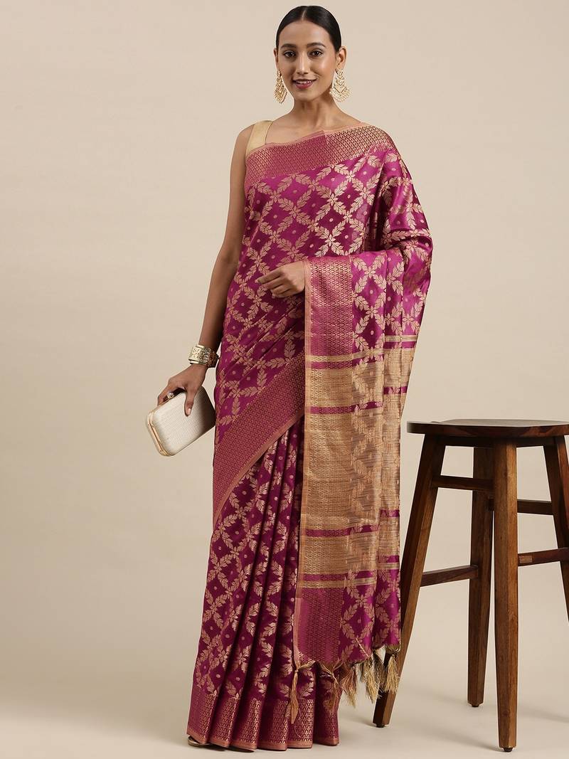 Purple woven cotton saree with blouse