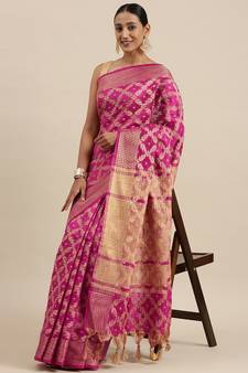 Pink woven cotton saree with blouse