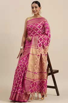 Pink woven cotton saree with blouse