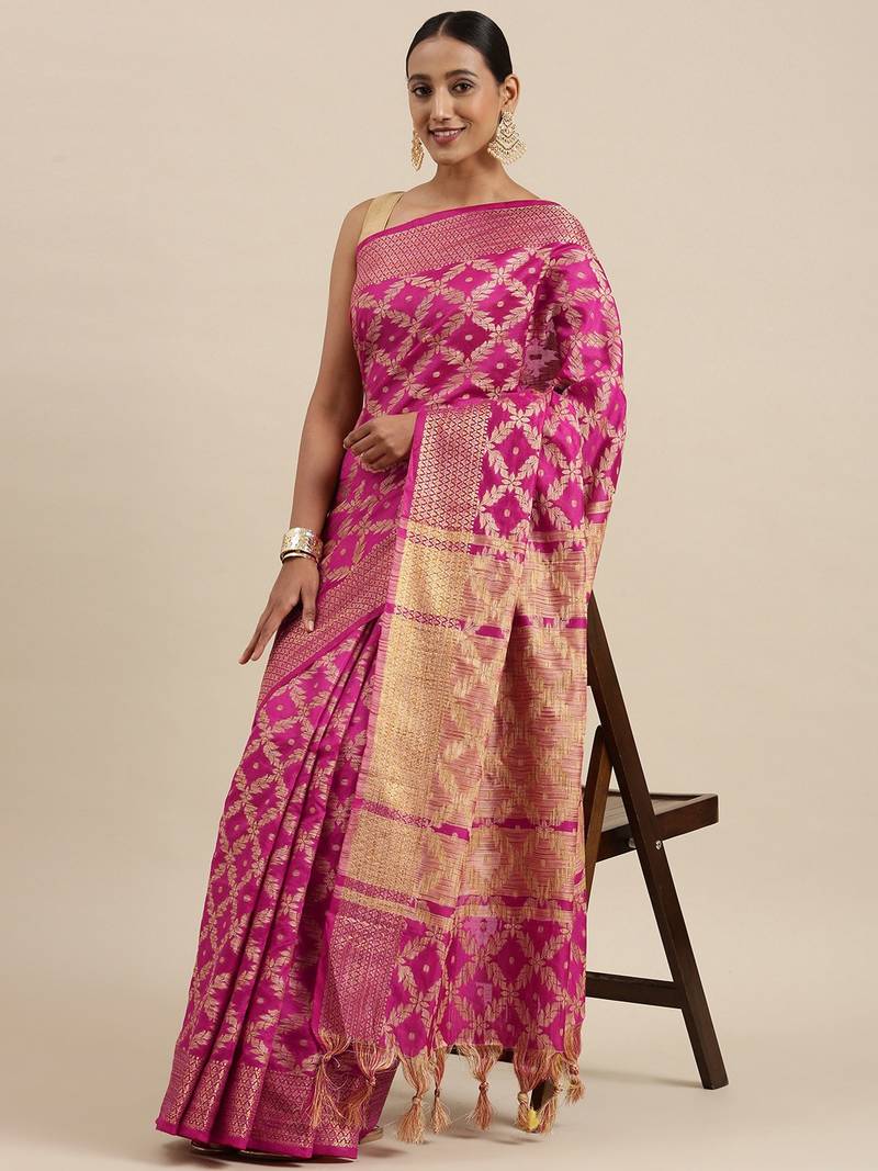 Pink woven cotton saree with blouse