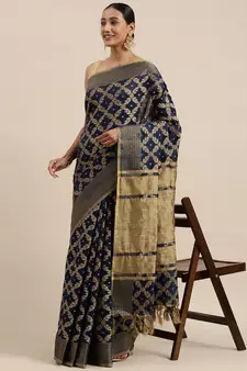 Navy blue woven cotton saree with blouse