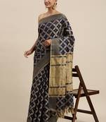 Navy blue woven cotton saree with blouse