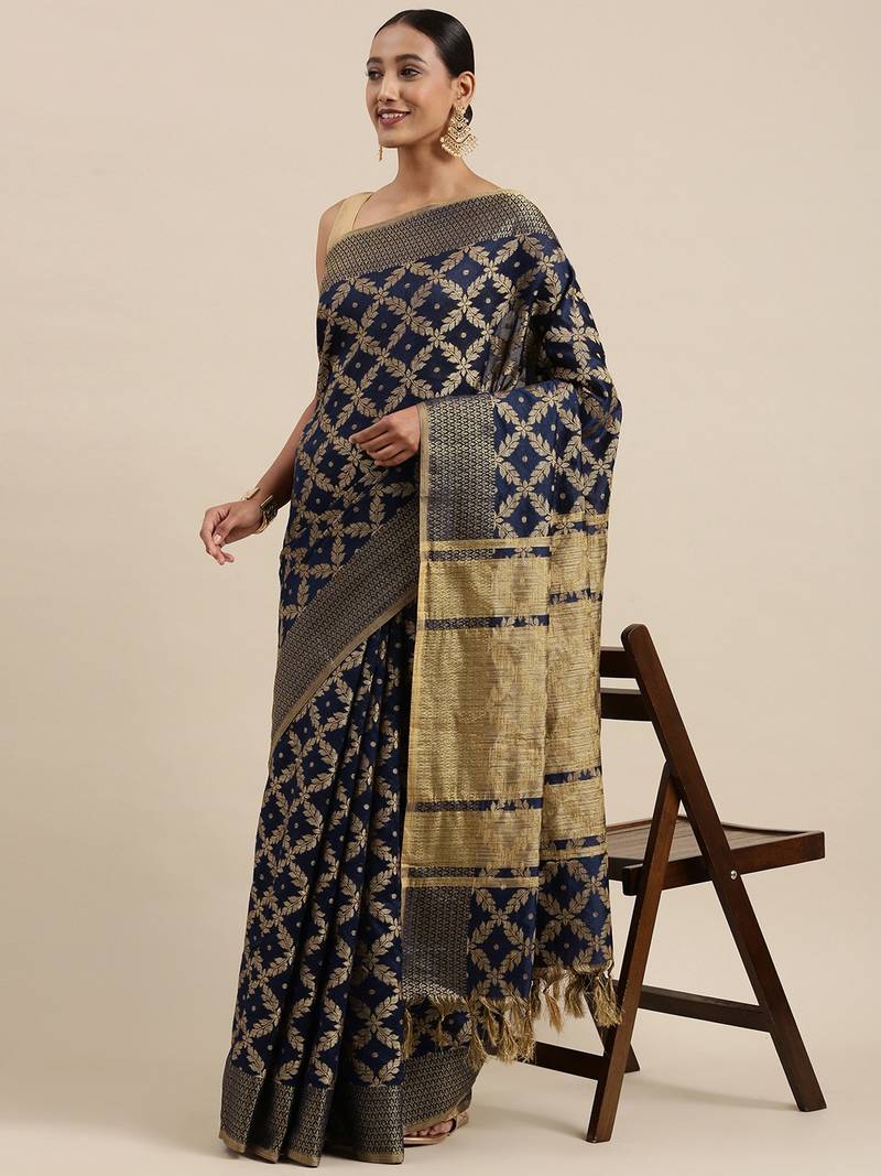 Navy blue woven cotton saree with blouse