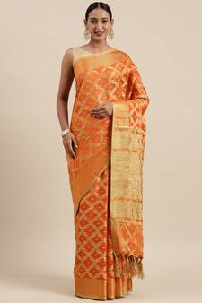 Orange woven cotton saree with blouse