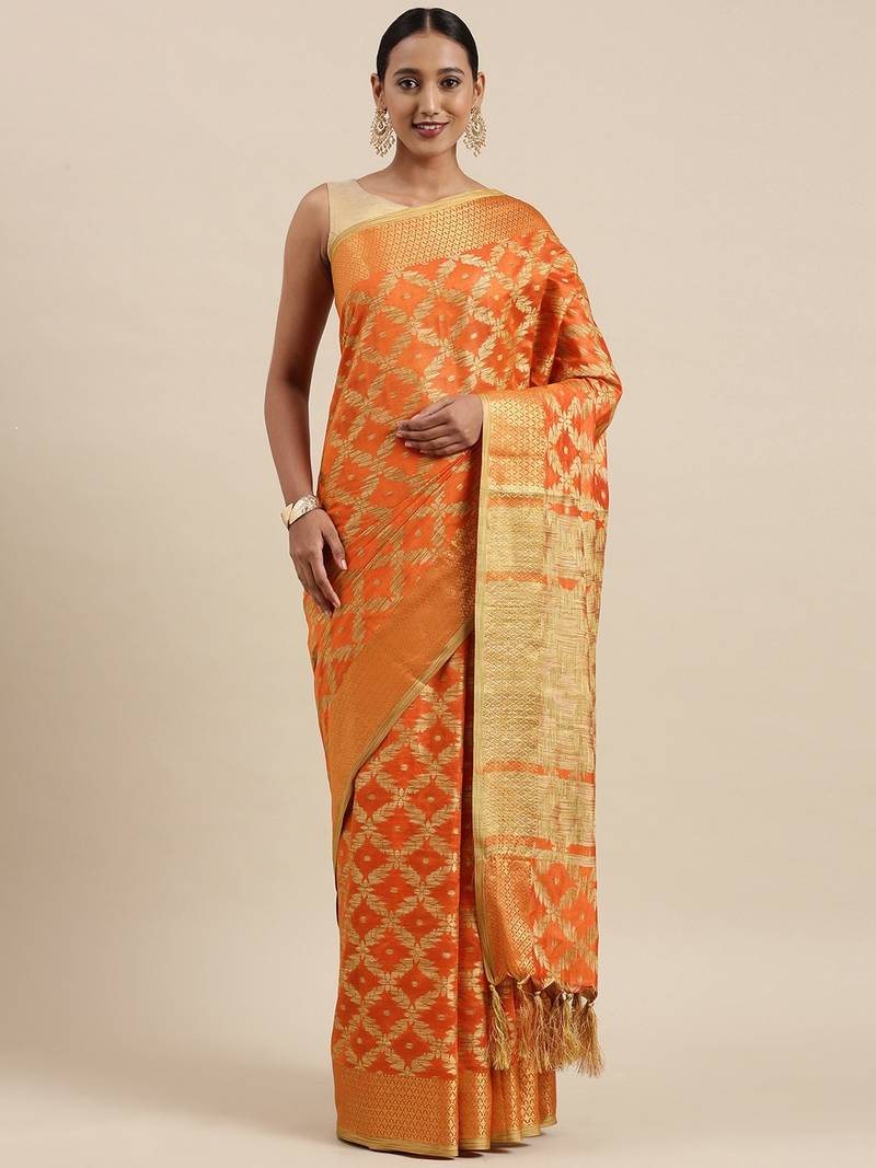 Orange woven cotton saree with blouse