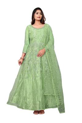 Light Lime Net Embroidered SemiStitched Anarkali For women 2