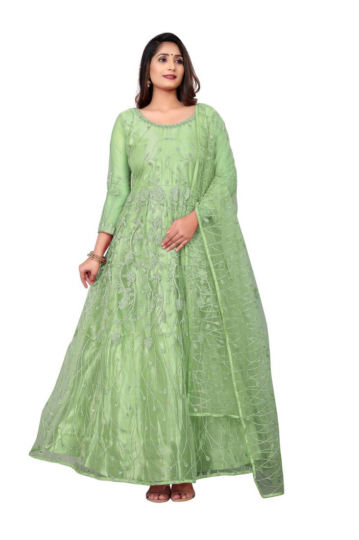 Light Lime Net Embroidered SemiStitched Anarkali For women
