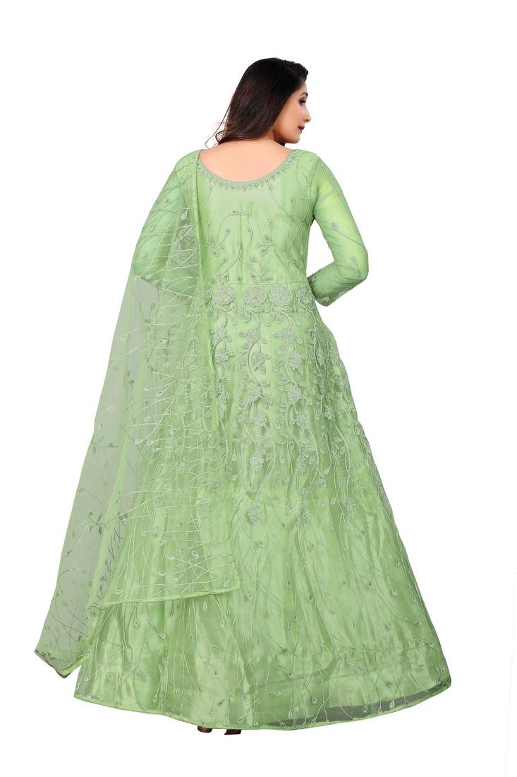Light Lime Net Embroidered SemiStitched Anarkali For women
