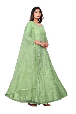 Light Lime Net Embroidered SemiStitched Anarkali For women 4